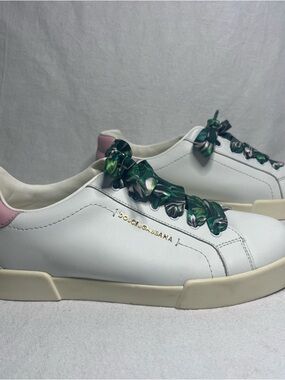 Dolce & Gabbana Portofino White Nappa Leather Sneakers Tropical Silk Laces - 5.5